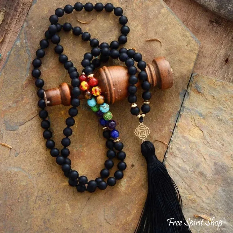 108 Natural Black Onyx & 7 Chakra Mala Bead Necklace