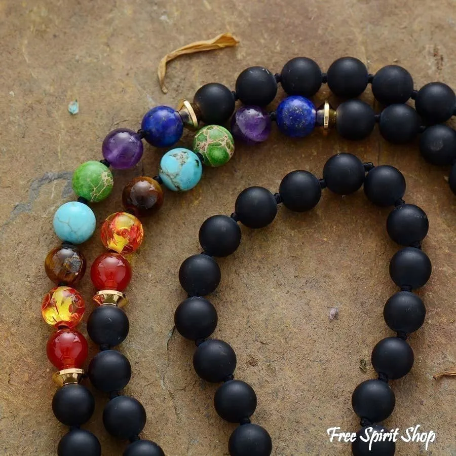 108 Natural Black Onyx & 7 Chakra Mala Bead Necklace