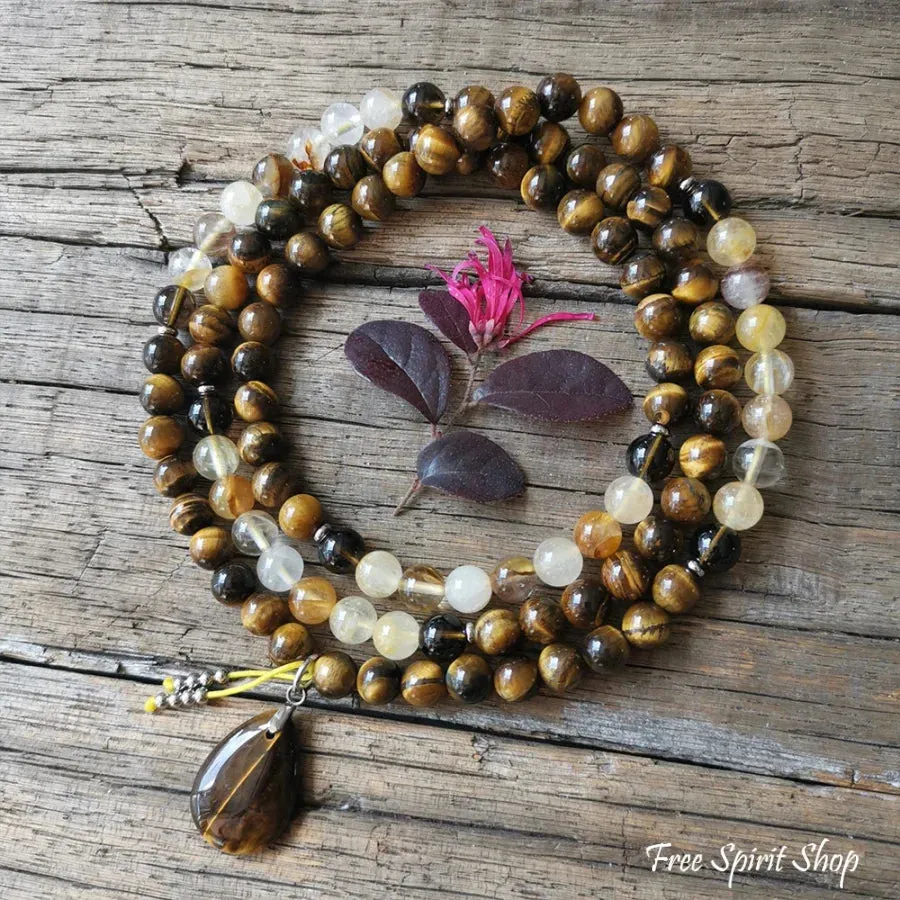 108 Natural Tiger Eye & Yellow Quartz Gemstone Mala Bead Necklace