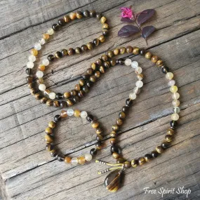 108 Natural Tiger Eye & Yellow Quartz Gemstone Mala Bead Necklace