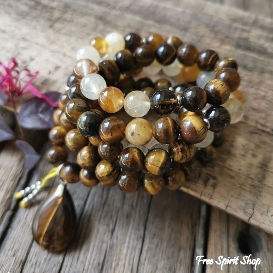 108 Natural Tiger Eye & Yellow Quartz Gemstone Mala Bead Necklace