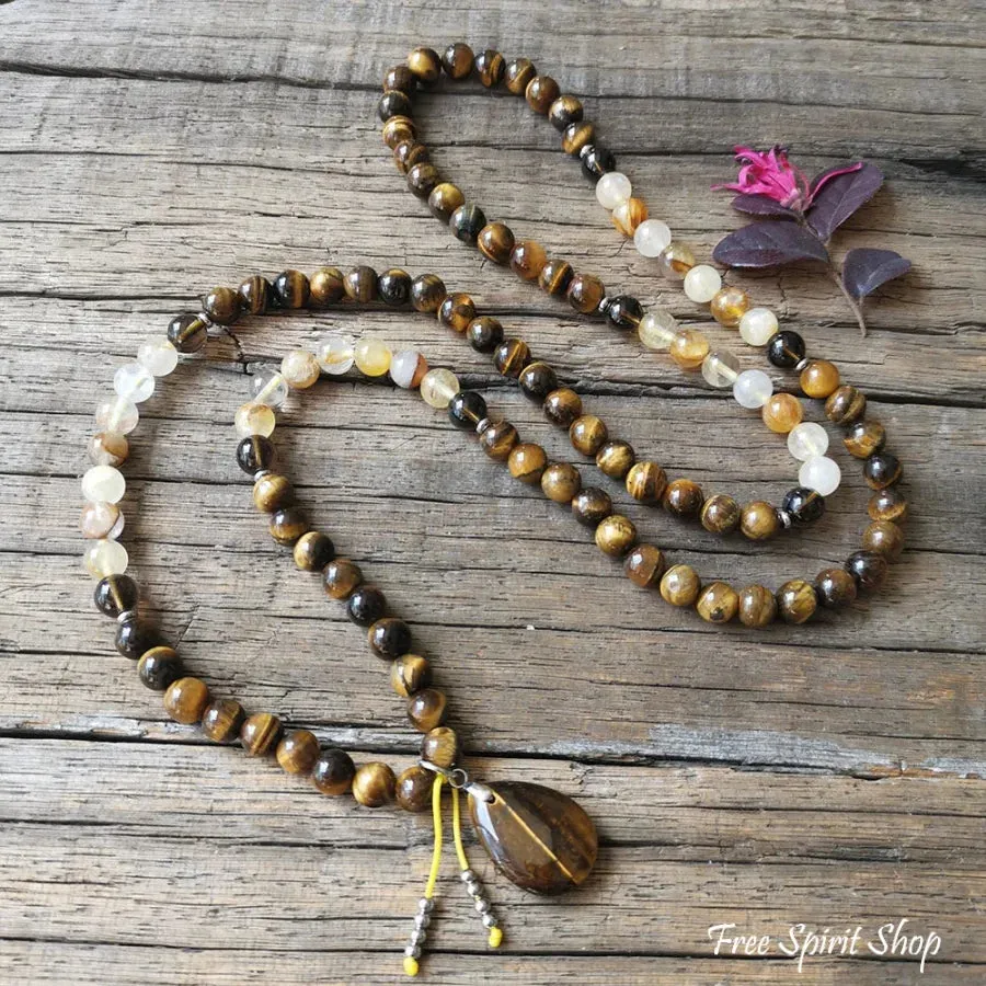 108 Natural Tiger Eye & Yellow Quartz Gemstone Mala Bead Necklace