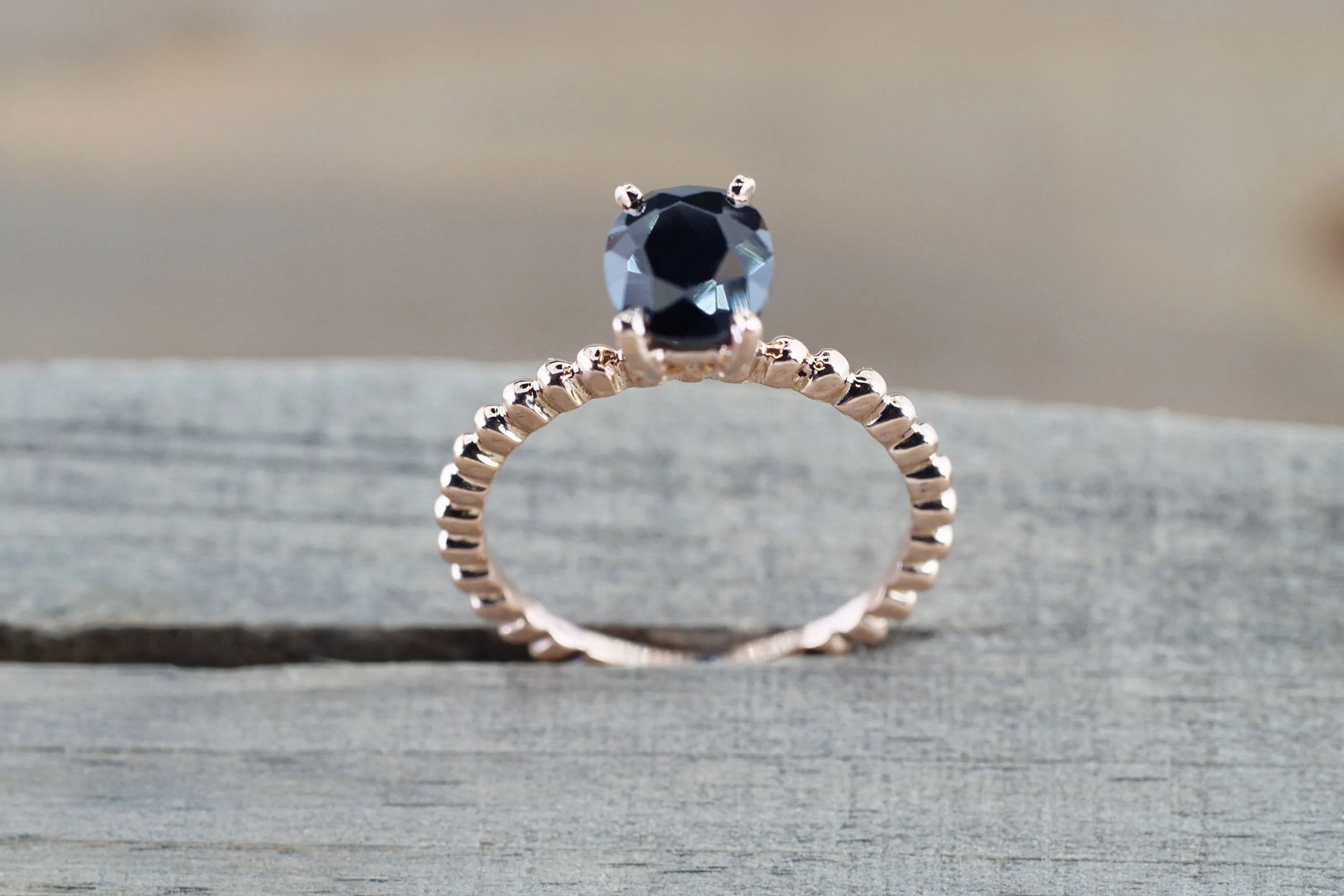 14k Rose Gold Black Onyx Engagement Promise Ring Rope Bead