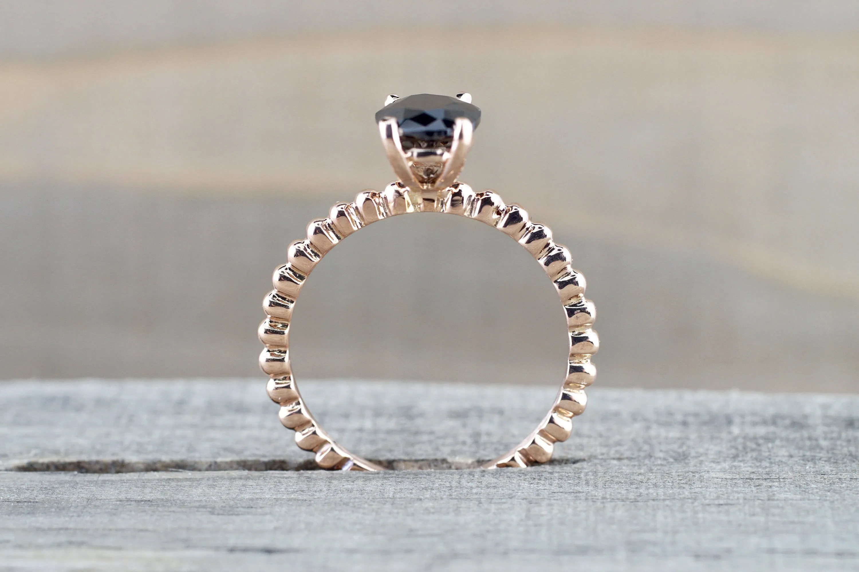 14k Rose Gold Black Onyx Engagement Promise Ring Rope Bead