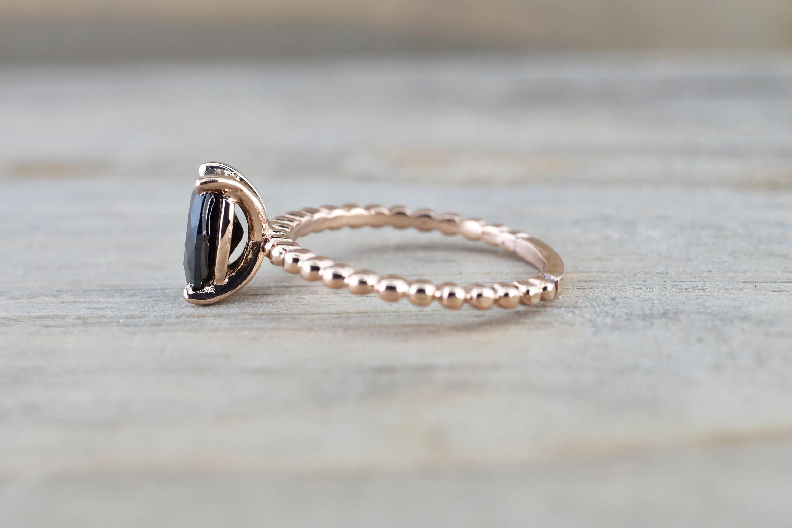 14k Rose Gold Black Onyx Engagement Promise Ring Rope Bead