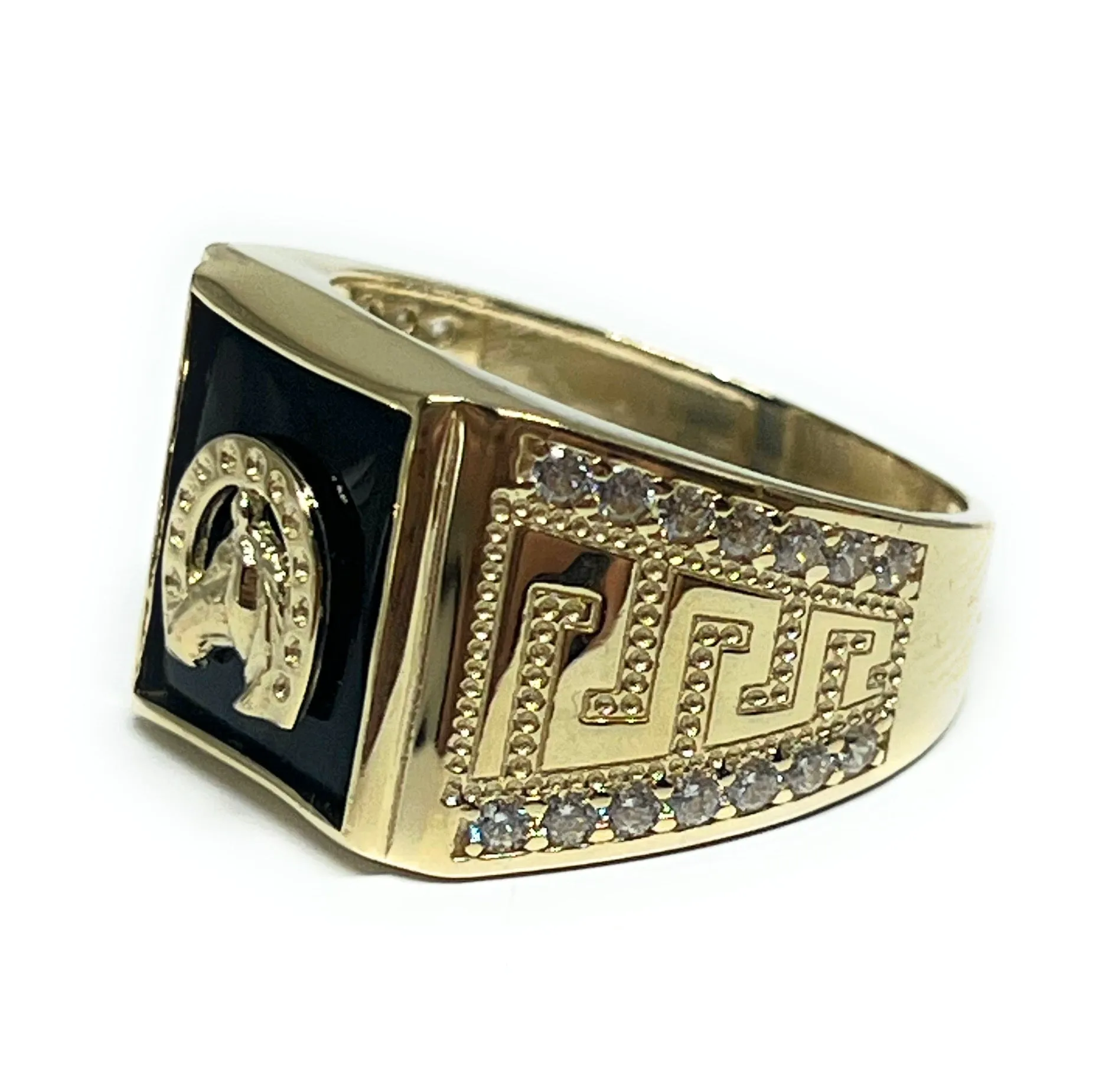 14k Solid Gold HOSE WITH HORSESHOE ONYX CZ GREEK BORDER Ring (9.5g)