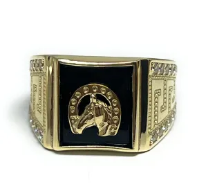 14k Solid Gold HOSE WITH HORSESHOE ONYX CZ GREEK BORDER Ring (9.5g)