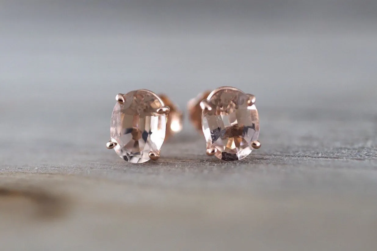 14k Solid Rose Gold Oval Cut Pink Peach Morganite Earring Studs Post Push Back Square Gemstone Earrings Dainty Design