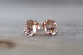 14k Solid Rose Gold Oval Cut Pink Peach Morganite Earring Studs Post Push Back Square Gemstone Earrings Dainty Design