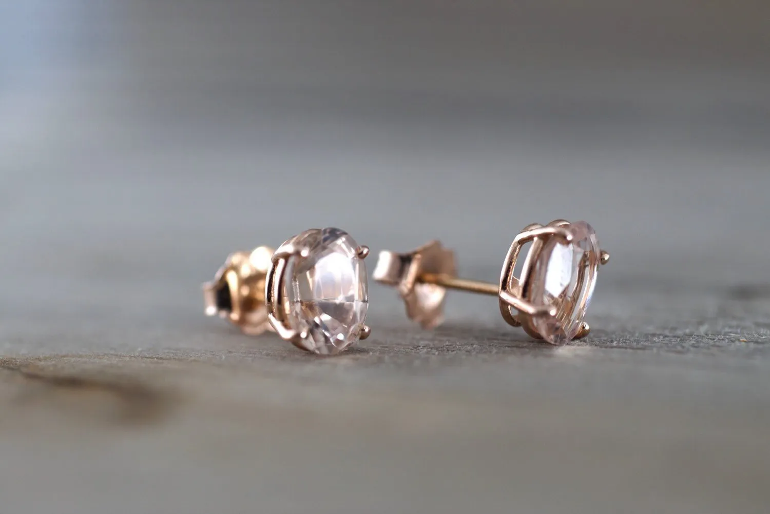 14k Solid Rose Gold Oval Cut Pink Peach Morganite Earring Studs Post Push Back Square Gemstone Earrings Dainty Design