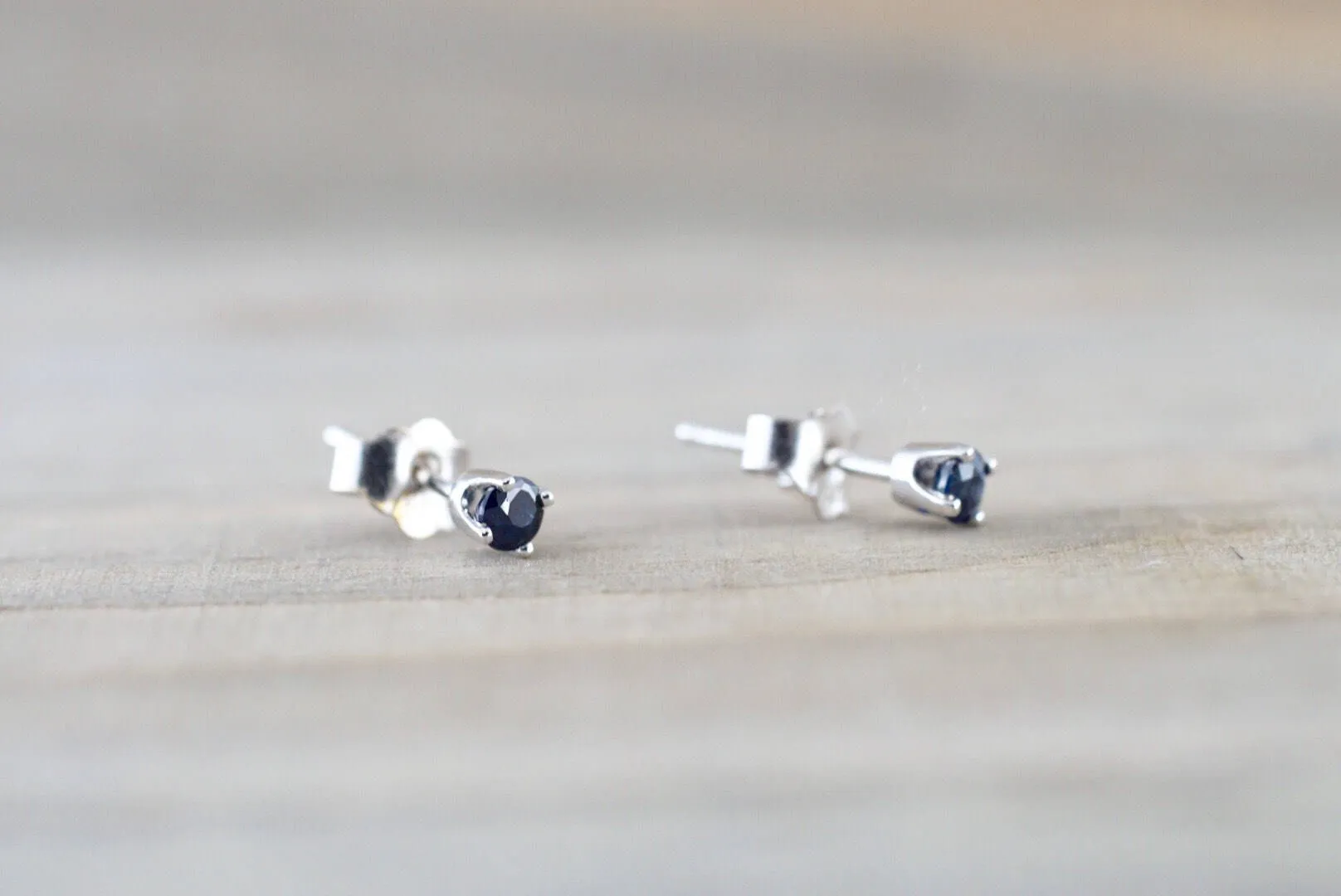 14k Solid White Gold with Blue Sapphire Gemstone Earring Studs Post Push Back Square September Birthstone