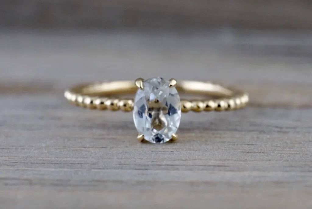 14k Yellow Gold Oval Cut White Topaz Gemstone Ring Engagement Promise Ring Rope