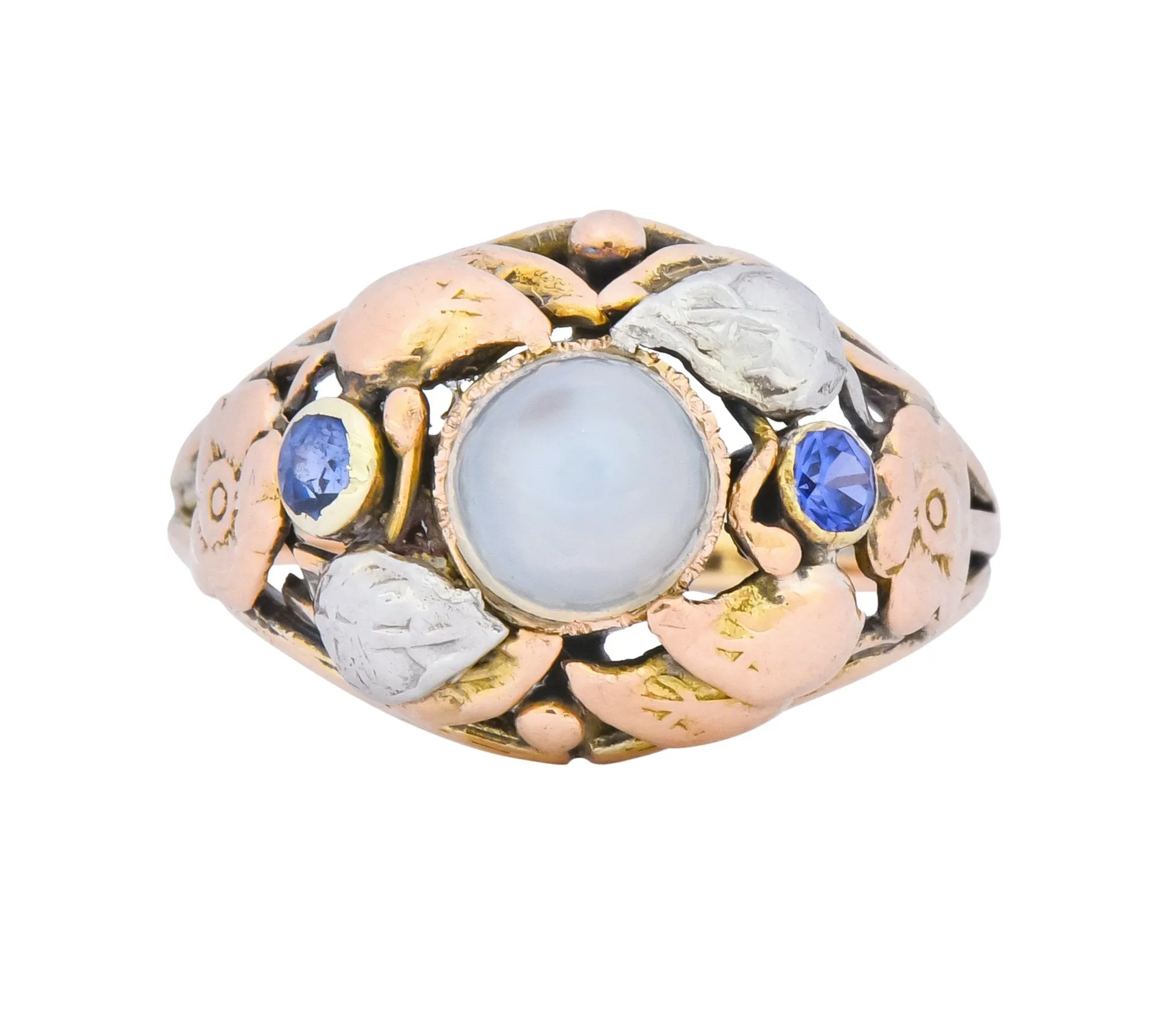 1900's Arts & Crafts Moonstone Sapphire 14 Karat Gold Floral Ring