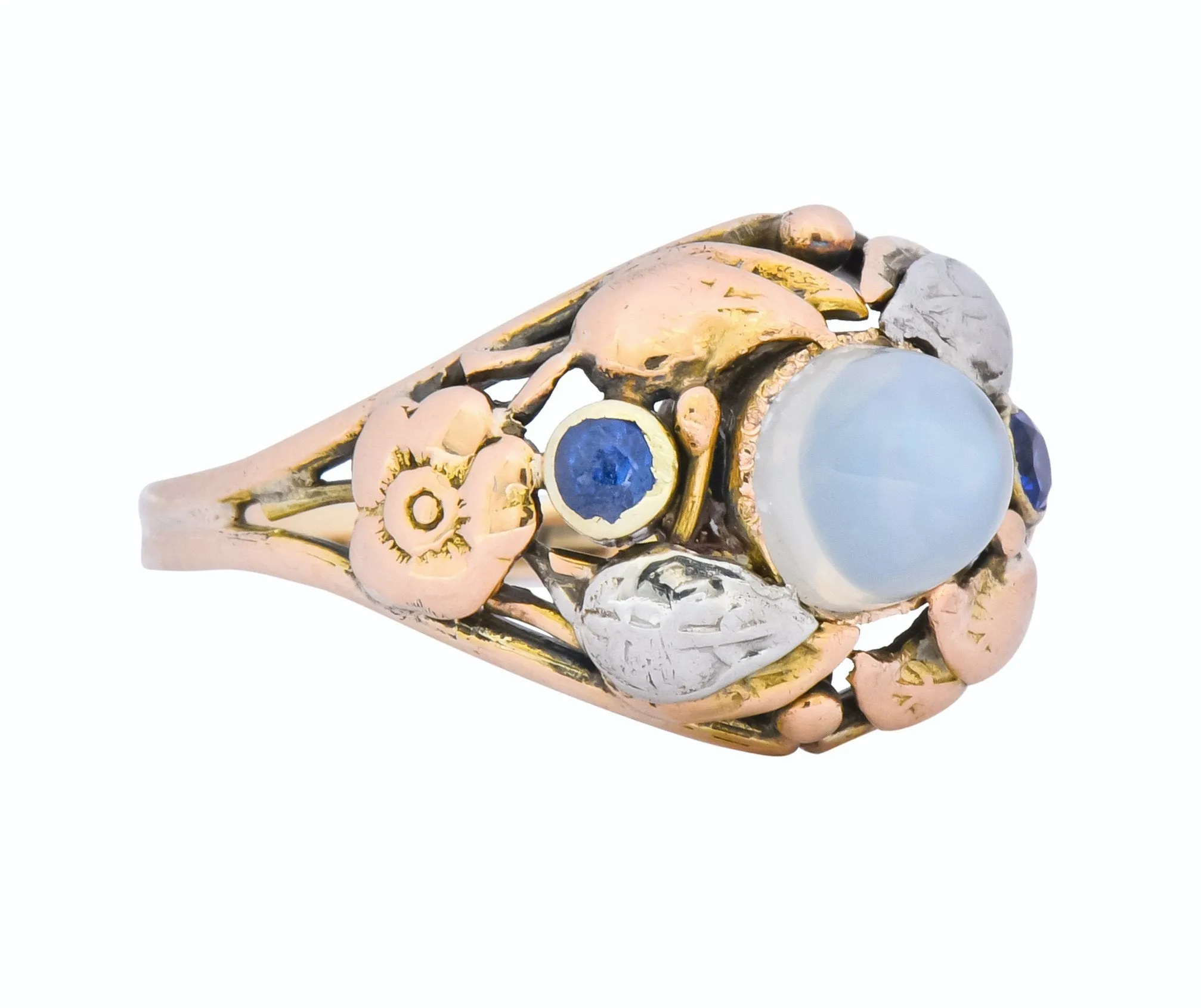 1900's Arts & Crafts Moonstone Sapphire 14 Karat Gold Floral Ring