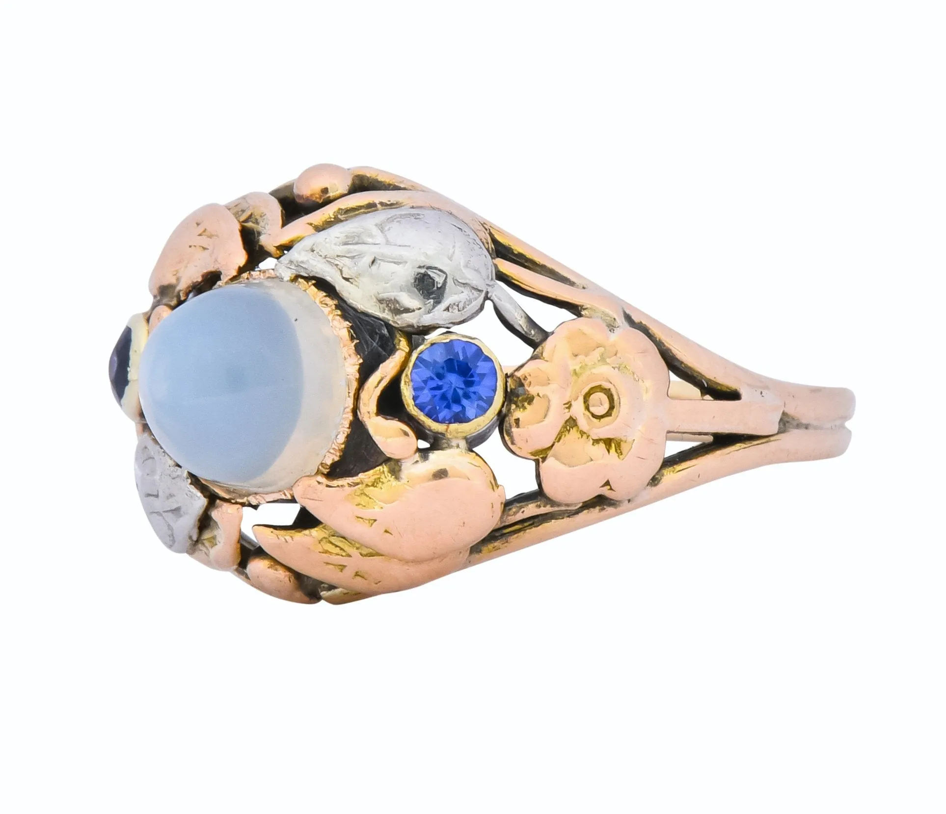 1900's Arts & Crafts Moonstone Sapphire 14 Karat Gold Floral Ring