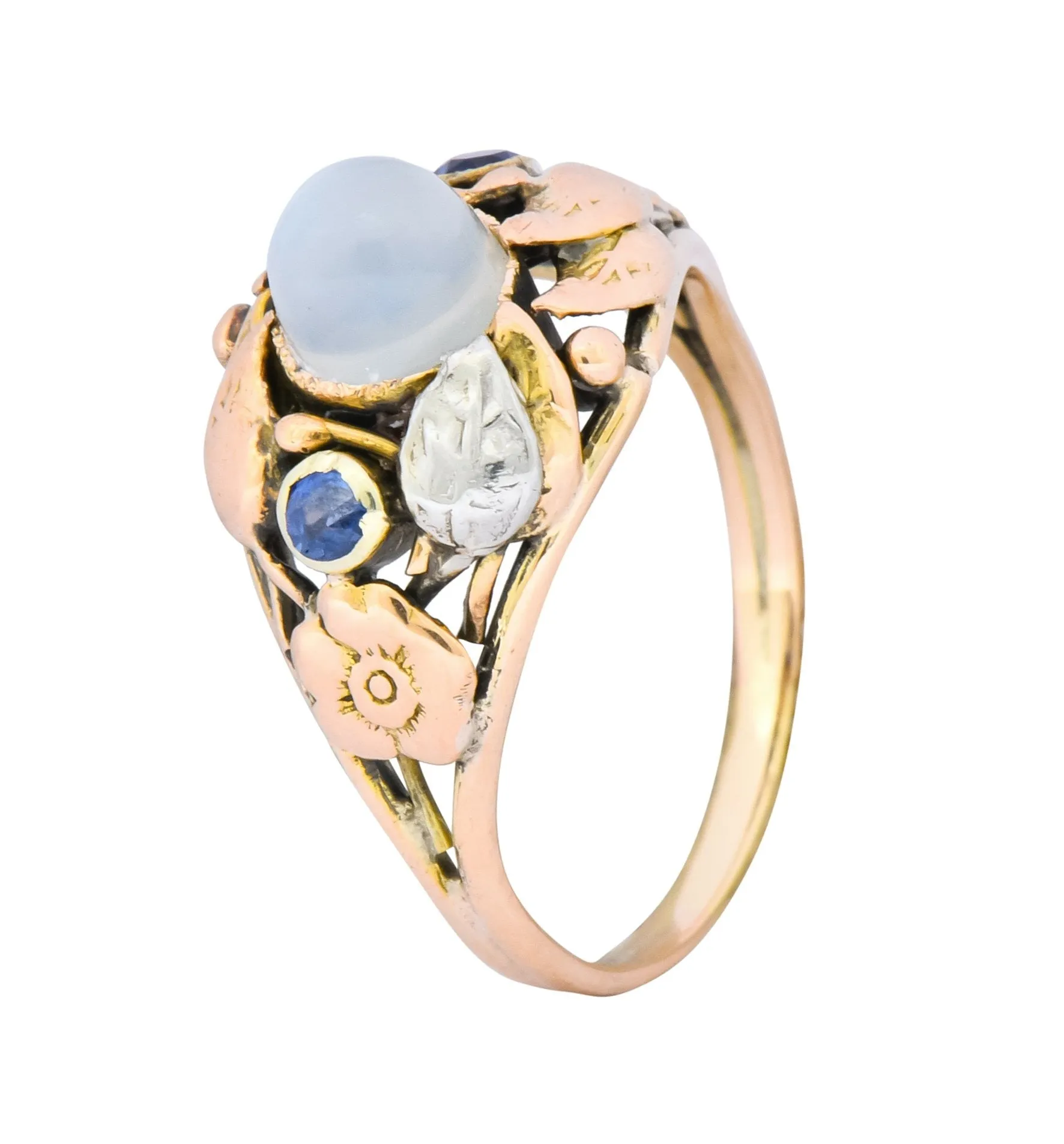 1900's Arts & Crafts Moonstone Sapphire 14 Karat Gold Floral Ring