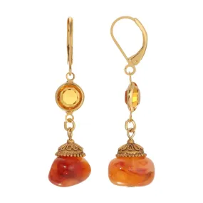 1928 Jewelry Marble Effect Carnelian Beads & Topaz Channel Crystals Dangling Earrings