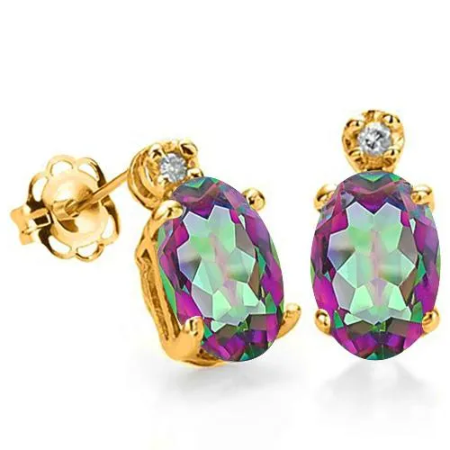 4/5 CT MYSTIC GEMSTONE & DIAMOND SOLID 10KT SOLID GOLD EARRINGS STUD