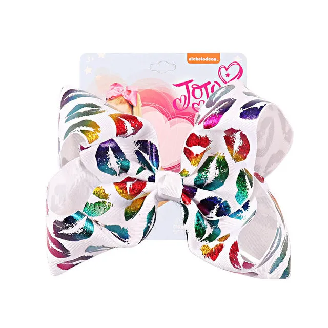 8 Large JoJo Bow W Hair Clip For Girls Kids Handmade Metalic Printed Ribbon Knot Jumbo Hair Bow Hair Accessories