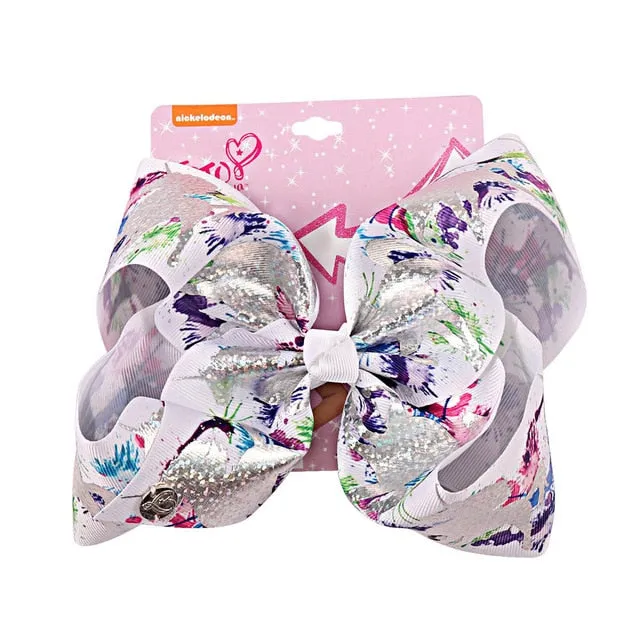 8 Large JoJo Bow W Hair Clip For Girls Kids Handmade Metalic Printed Ribbon Knot Jumbo Hair Bow Hair Accessories