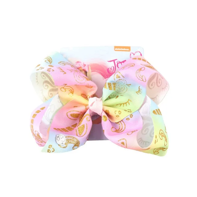 8 Large JoJo Bow W Hair Clip For Girls Kids Handmade Metalic Printed Ribbon Knot Jumbo Hair Bow Hair Accessories