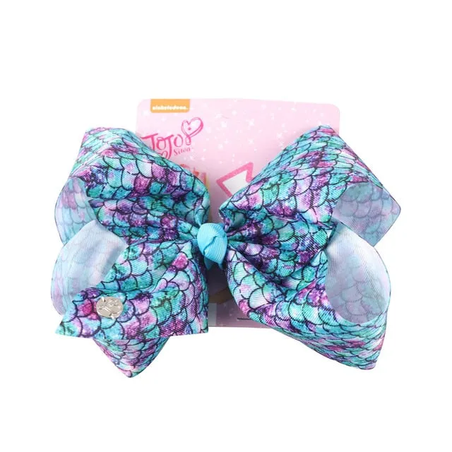 8 Large JoJo Bow W Hair Clip For Girls Kids Handmade Metalic Printed Ribbon Knot Jumbo Hair Bow Hair Accessories