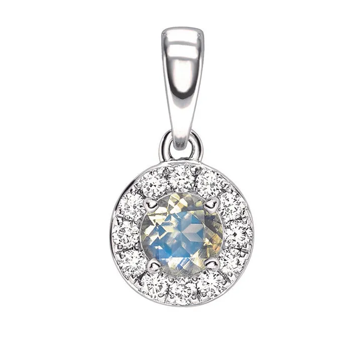 9ct White Gold Moonstone and Diamond Cluster Birthstone Pendant with Chain