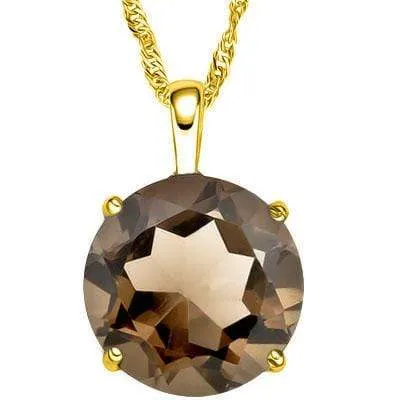 ALLURING 3 CARAT TW ROUND 10MM SMOKEY TOPAZ 10K SOLID YELLOW GOLD PENDANT