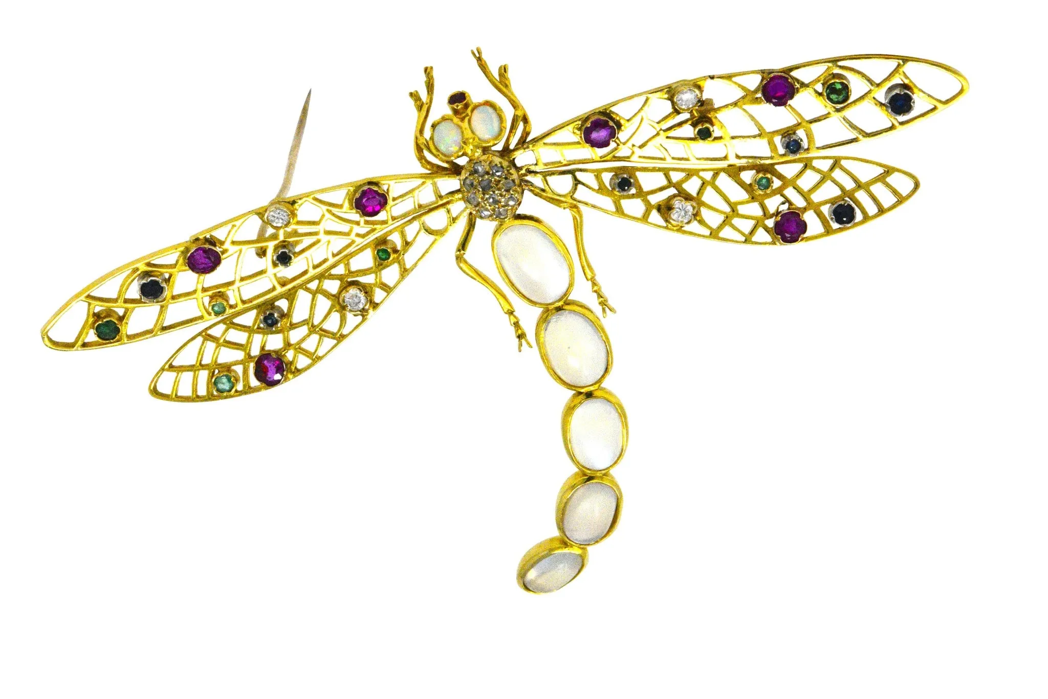 Alluring Large Multi-Gem Diamond Moonstone 18 Karat Gold Dragonfly Brooch