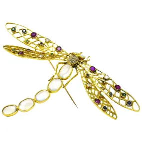 Alluring Large Multi-Gem Diamond Moonstone 18 Karat Gold Dragonfly Brooch