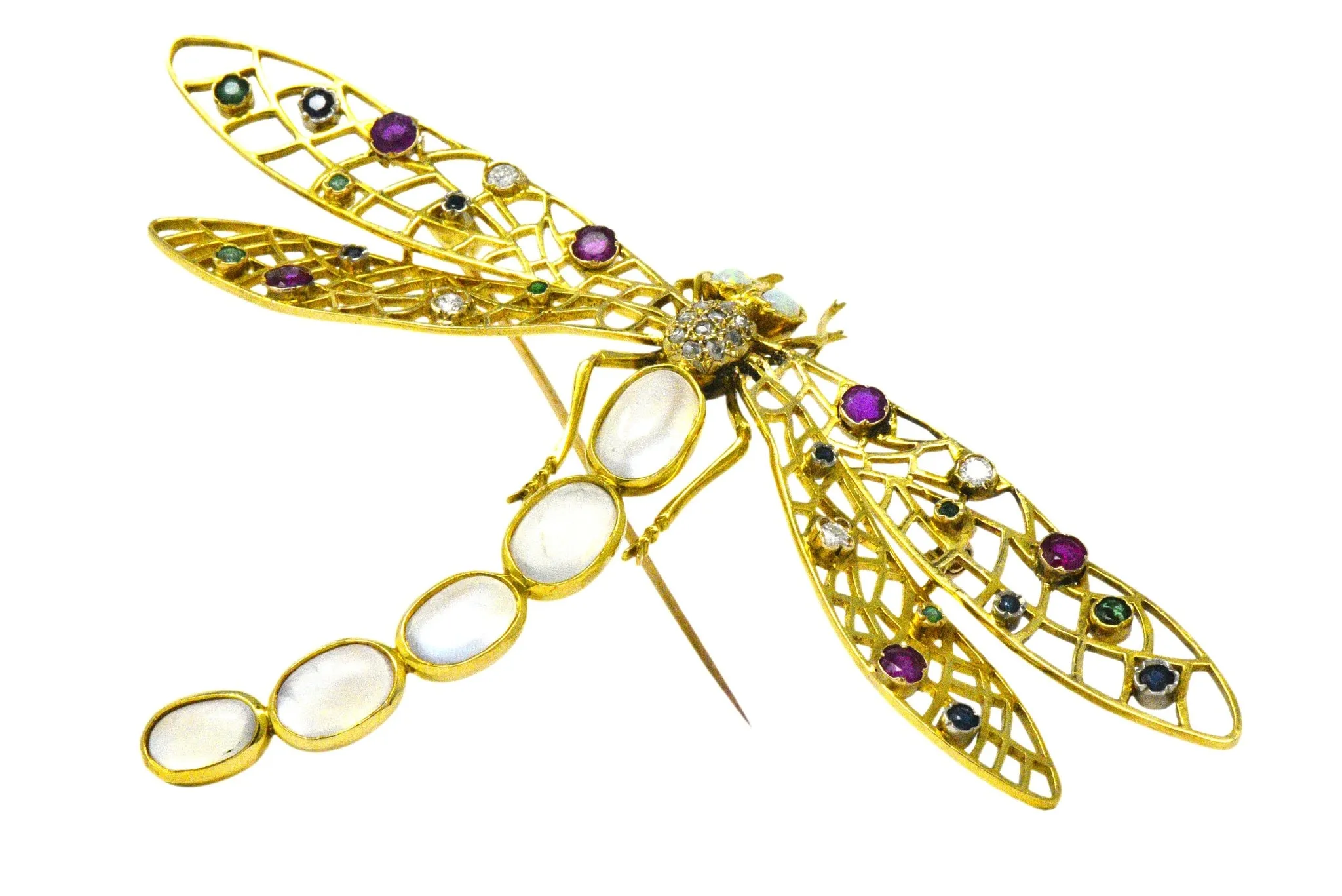 Alluring Large Multi-Gem Diamond Moonstone 18 Karat Gold Dragonfly Brooch