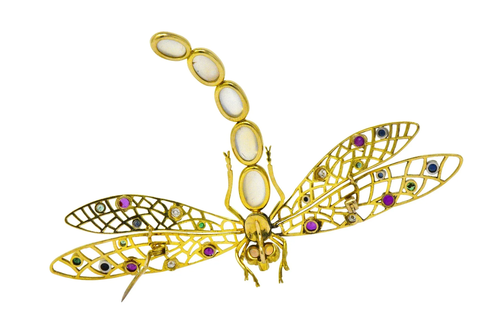 Alluring Large Multi-Gem Diamond Moonstone 18 Karat Gold Dragonfly Brooch