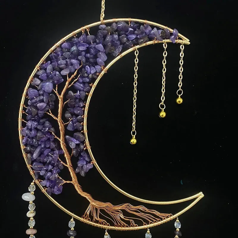 Amethyst and Purple Agate Large detailed Suncatcher - Moon and Tree of Life with Agate Slices