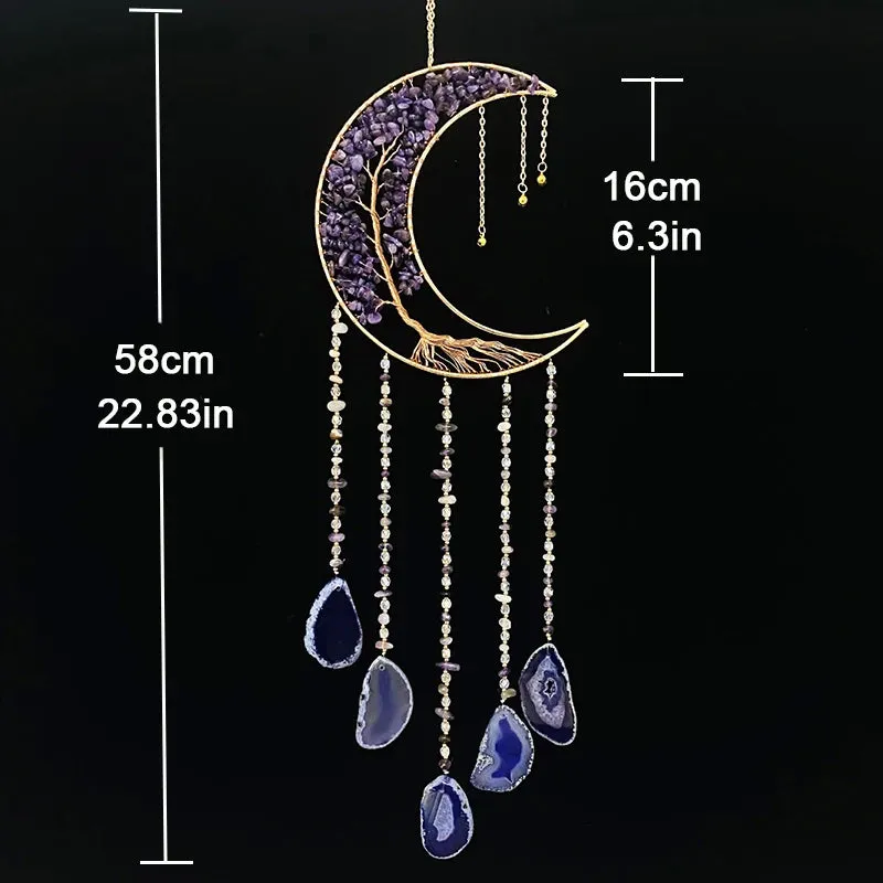 Amethyst and Purple Agate Large detailed Suncatcher - Moon and Tree of Life with Agate Slices