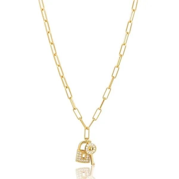 Amore 18K Gold Link Necklace with Rhinestone Key and Lock by Sahira