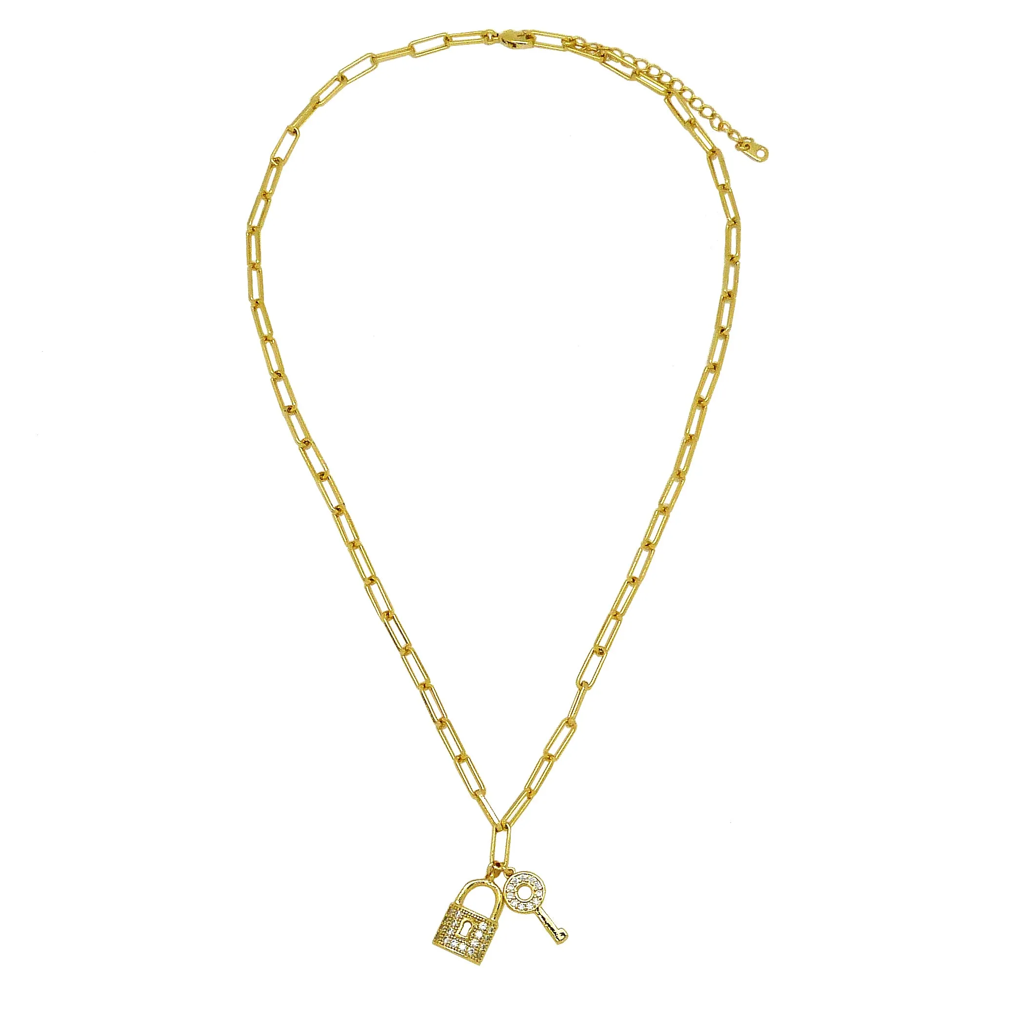 Amore 18K Gold Link Necklace with Rhinestone Key and Lock by Sahira