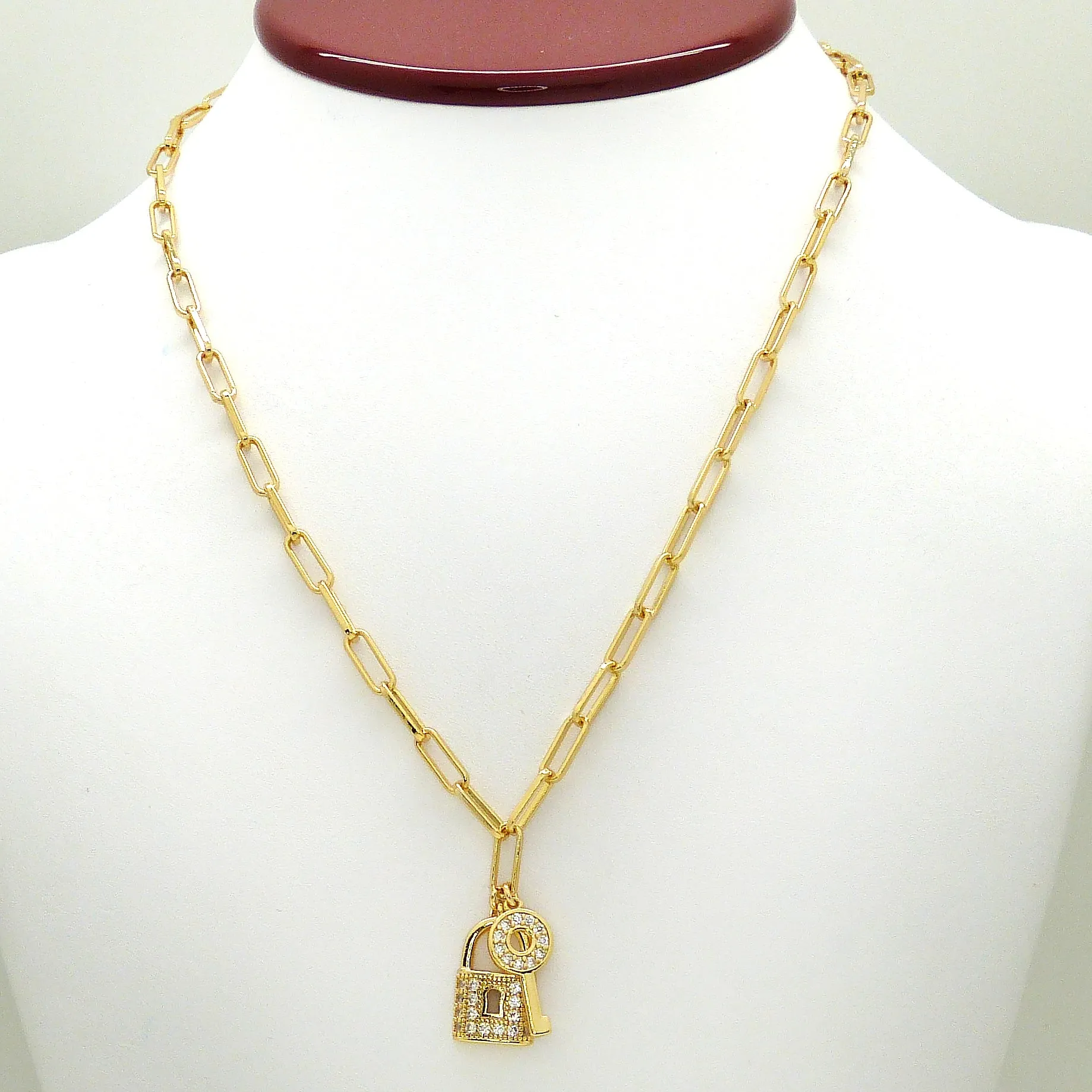 Amore 18K Gold Link Necklace with Rhinestone Key and Lock by Sahira