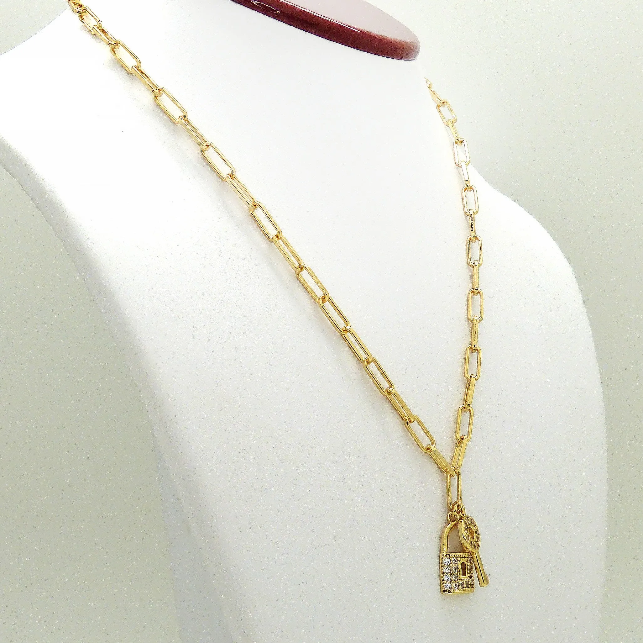 Amore 18K Gold Link Necklace with Rhinestone Key and Lock by Sahira