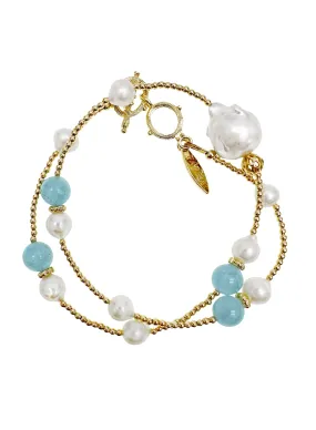 Aquamarine With Baroque Pearls Double Layer Bracelet / Choker LB007