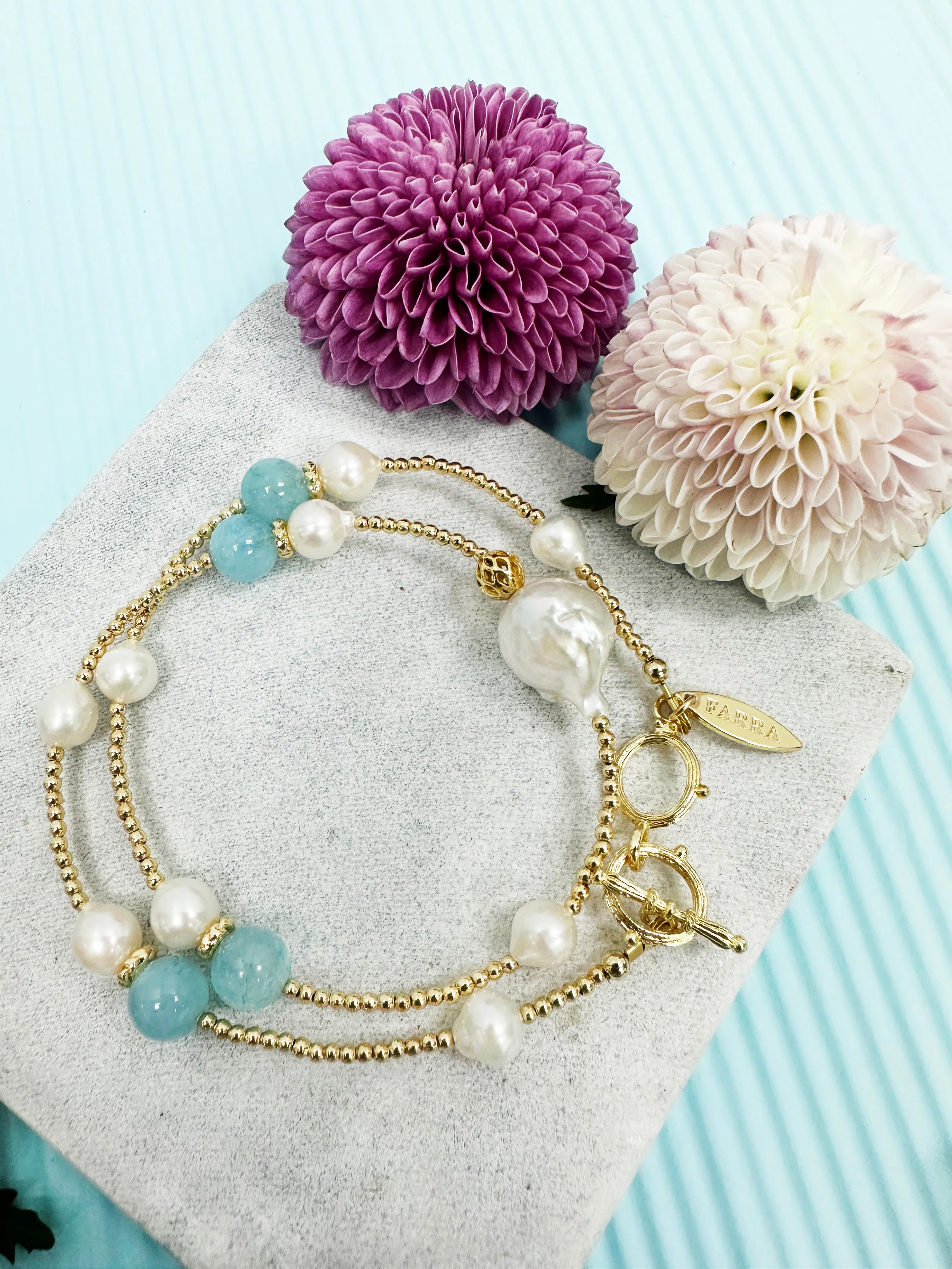 Aquamarine With Baroque Pearls Double Layer Bracelet / Choker LB007