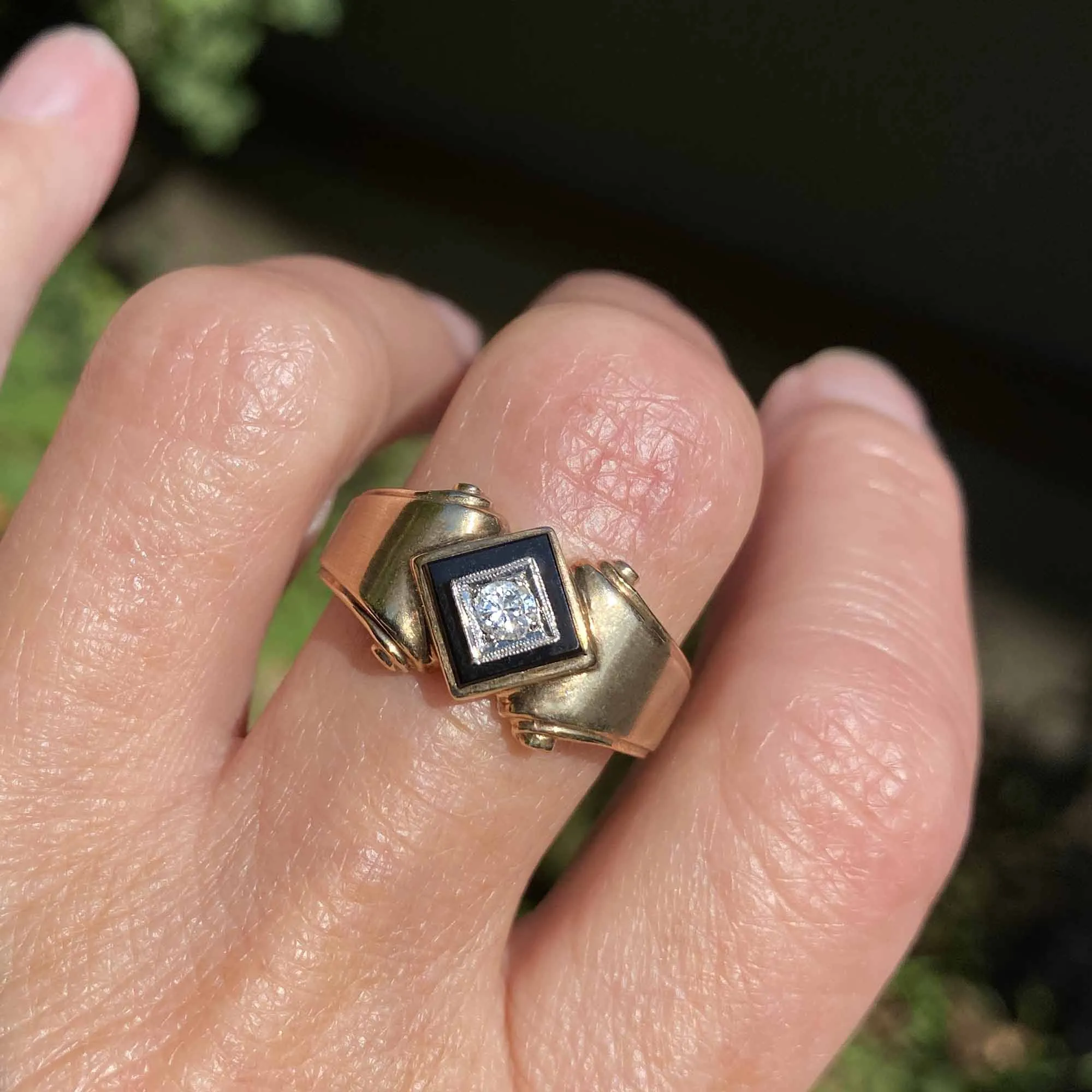 Art Deco Diamond Onyx Signet Ring in Gold