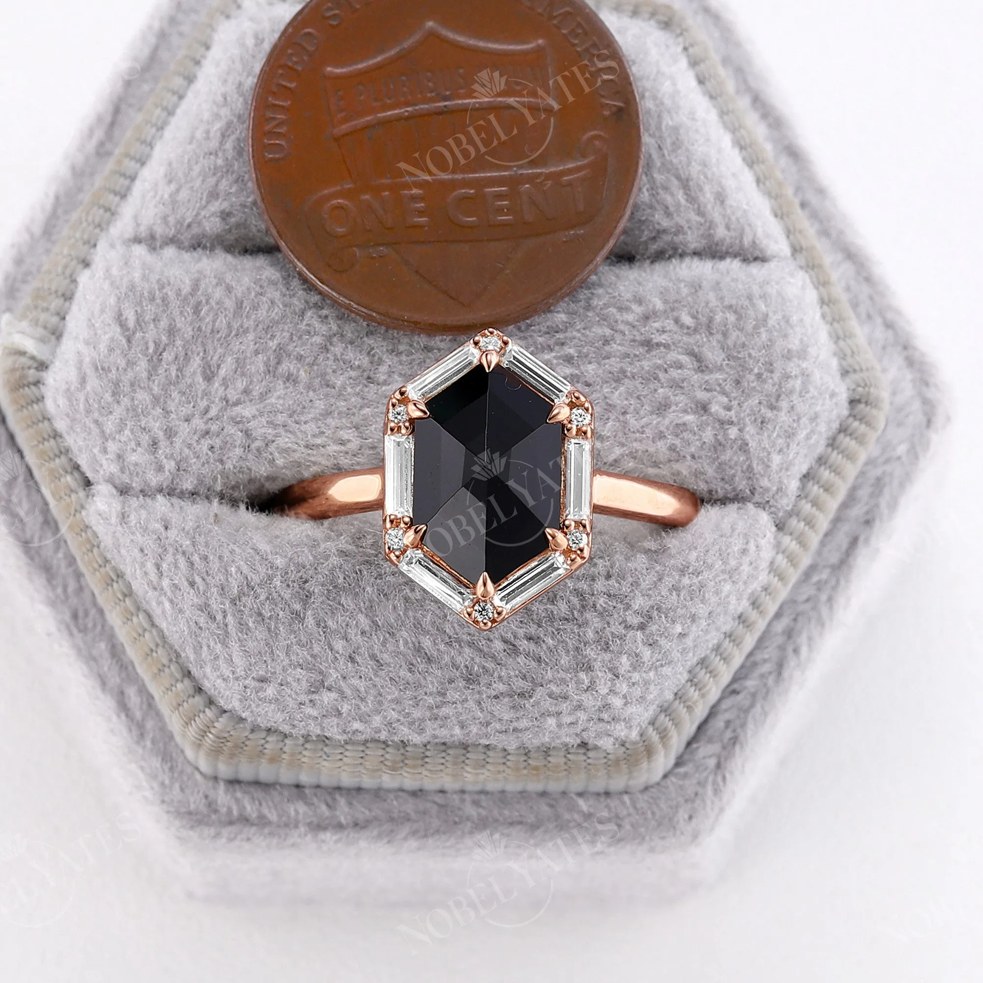 Art Deco Hexagon Rose Cut Black Onyx Claw Prong Set Engagement Ring