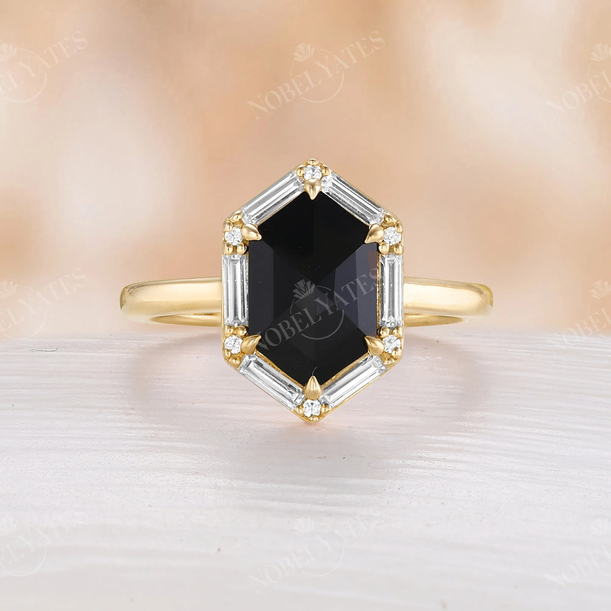 Art Deco Hexagon Rose Cut Black Onyx Claw Prong Set Engagement Ring