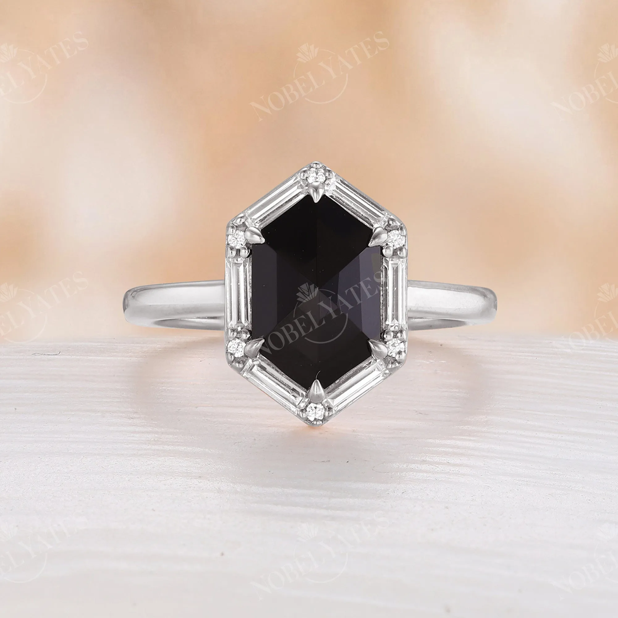 Art Deco Hexagon Rose Cut Black Onyx Claw Prong Set Engagement Ring