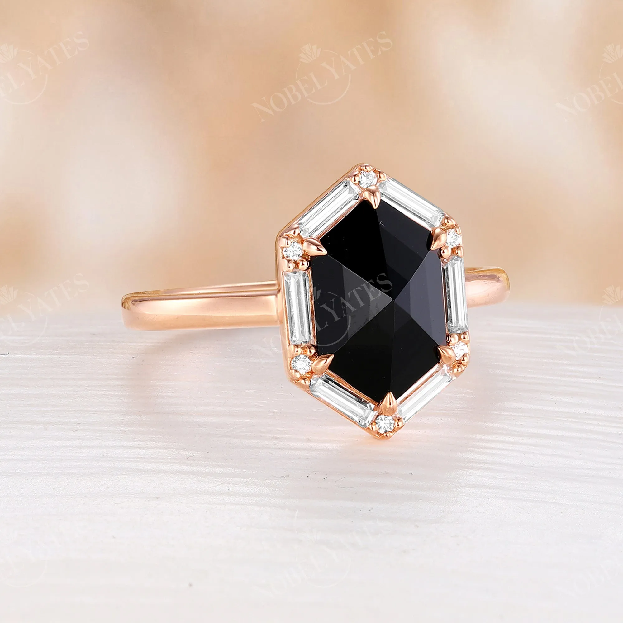 Art Deco Hexagon Rose Cut Black Onyx Claw Prong Set Engagement Ring