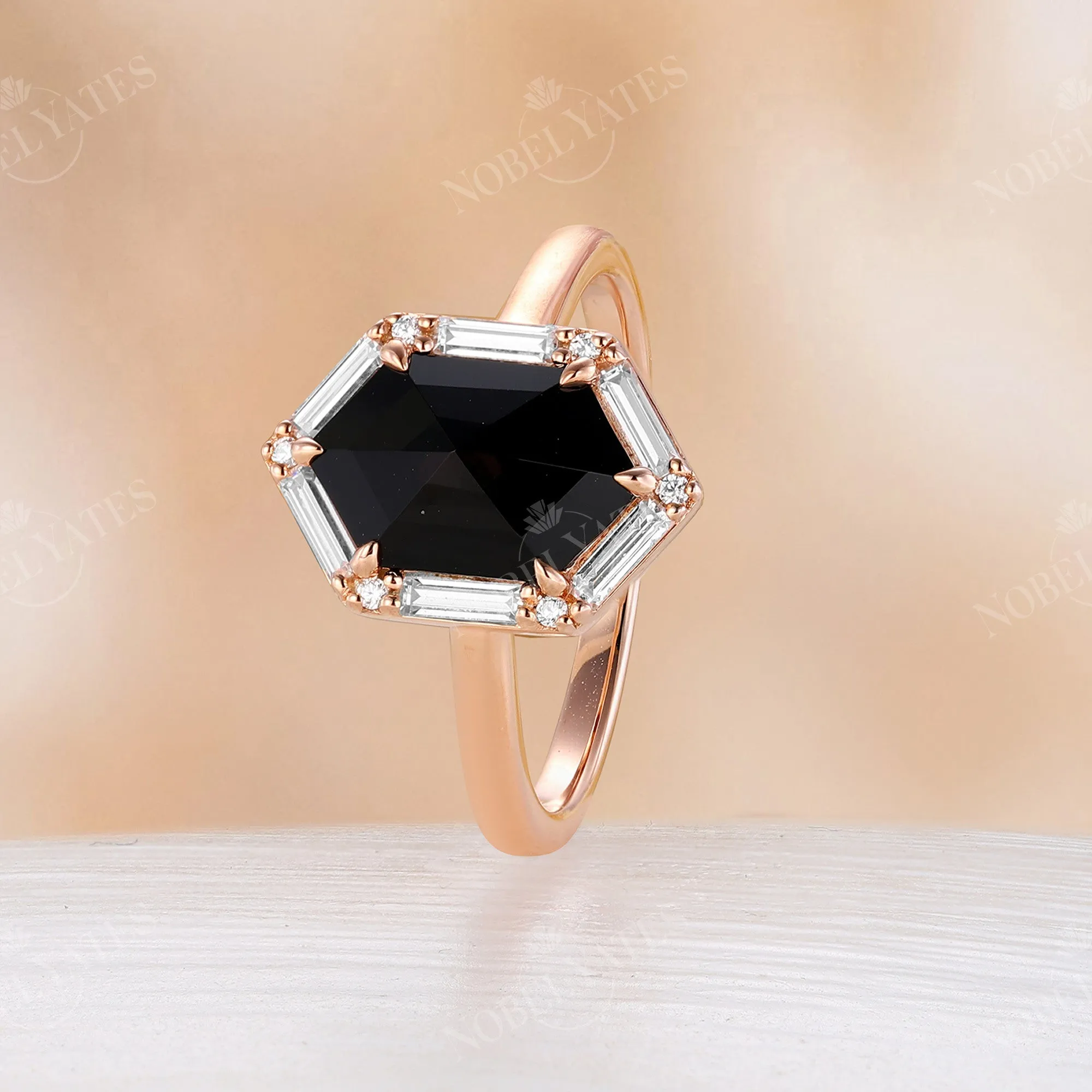 Art Deco Hexagon Rose Cut Black Onyx Claw Prong Set Engagement Ring