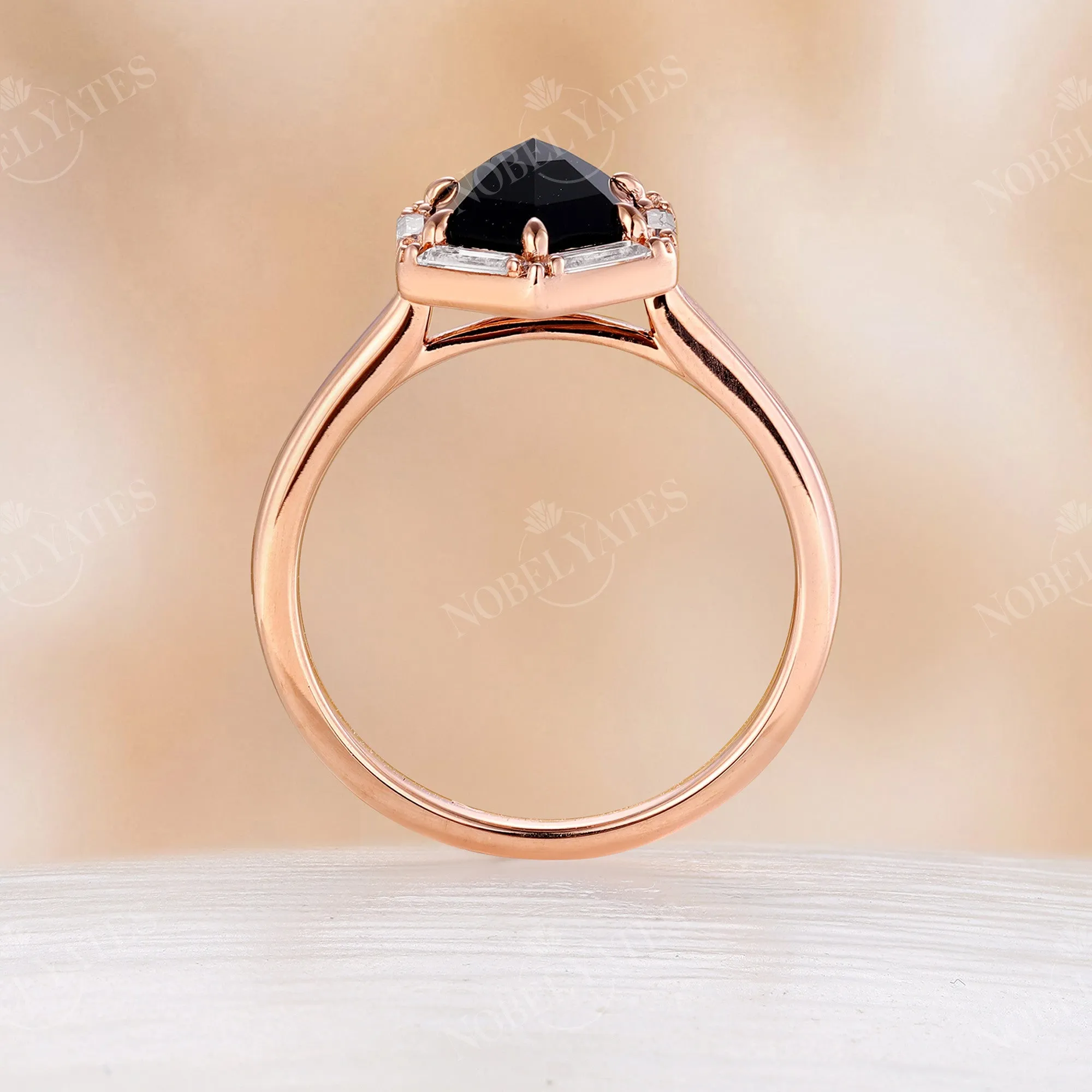 Art Deco Hexagon Rose Cut Black Onyx Claw Prong Set Engagement Ring