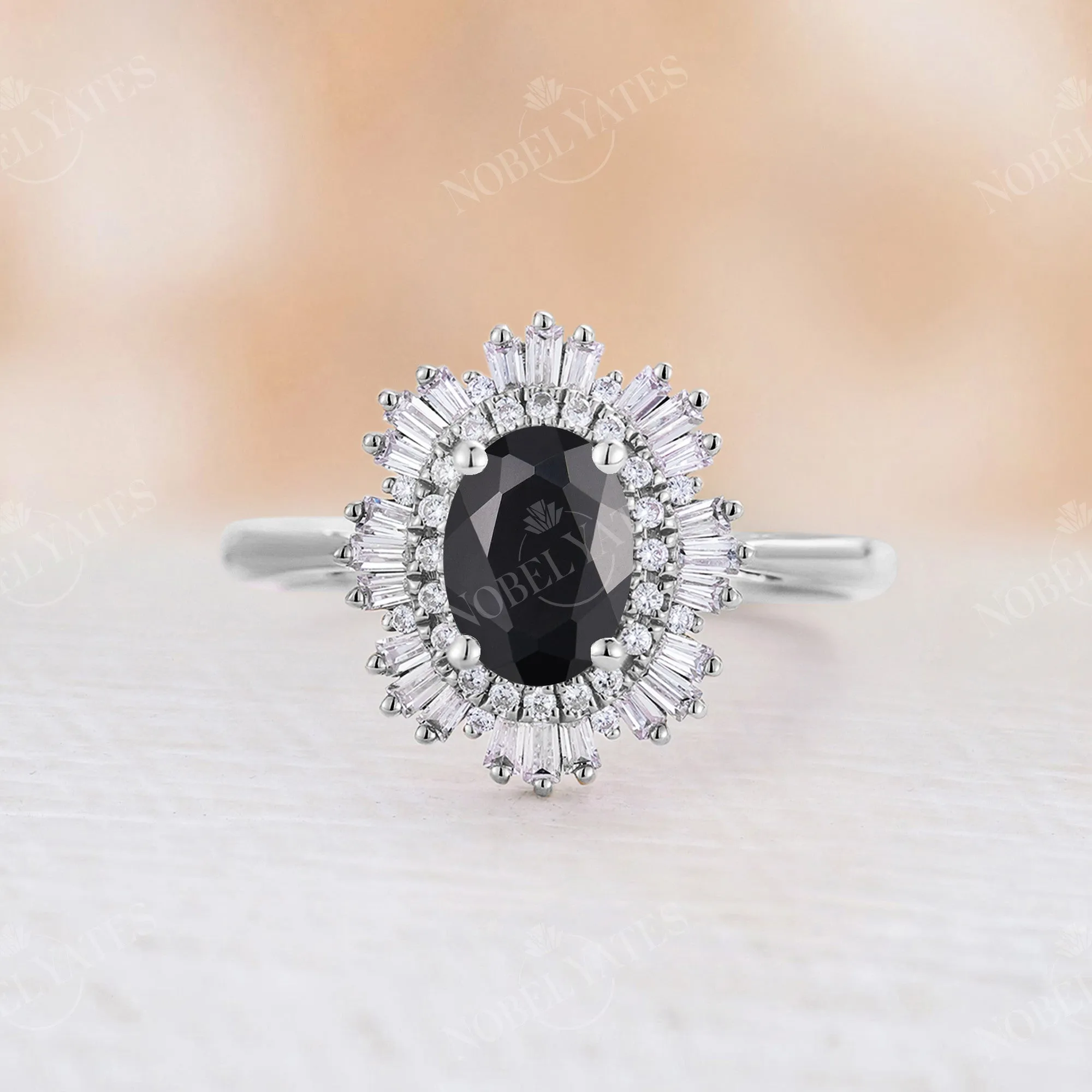 Art Deco Oval Black Onyx Engagement Ring Unique Baguette Double Halo