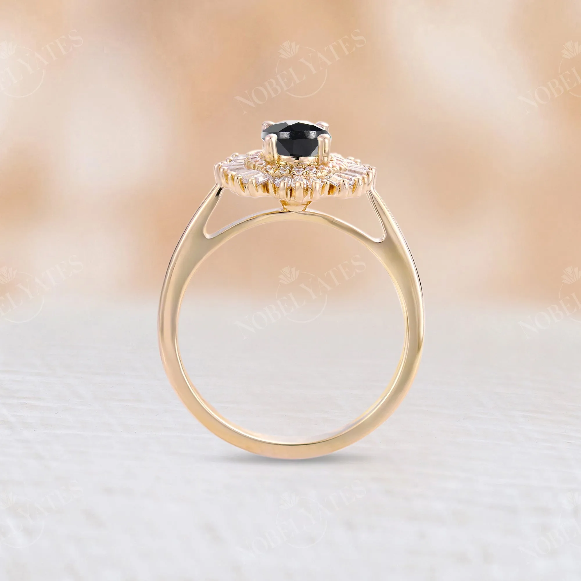 Art Deco Oval Black Onyx Engagement Ring Unique Baguette Double Halo