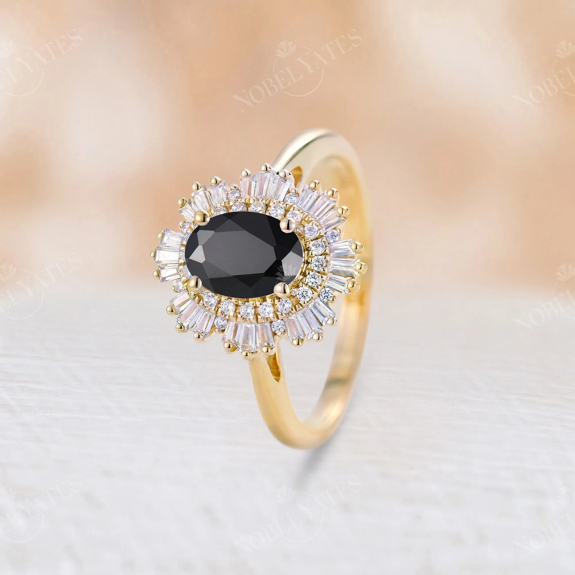 Art Deco Oval Black Onyx Engagement Ring Unique Baguette Double Halo